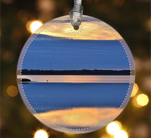 Blue Bay ~  Image on both sides of Metal Ornament complete w red ribbon & sash