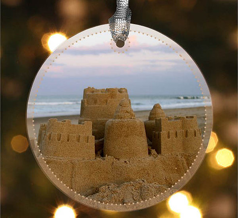 Sand Castles ~ Image on both sides of Metal Ornament complete w red ribbon & sash