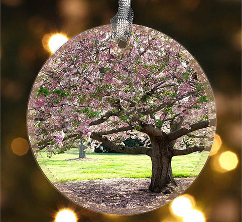 Cherry Blossom ~Image on both sides of Metal Ornament complete w red ribbon & sash