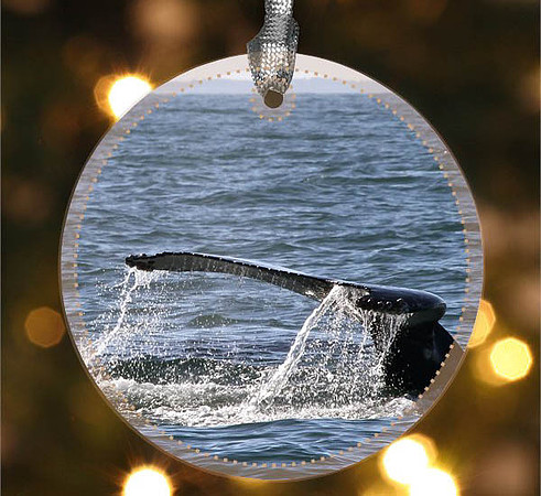 Happy Humpback ~ Image on both sides of Metal Ornament complete w red ribbon & sash